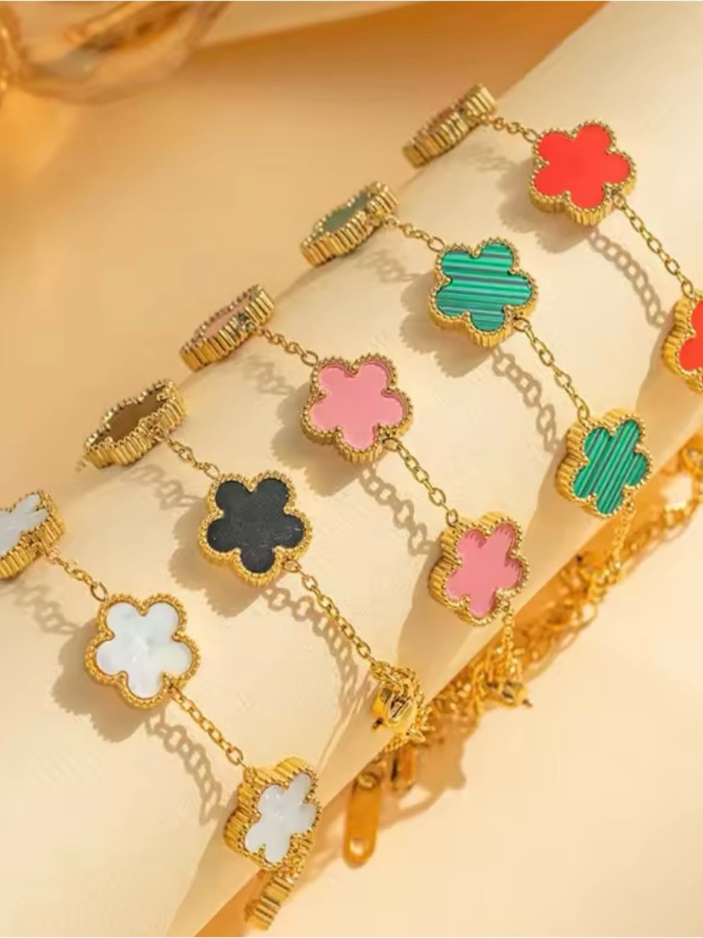 Gold-Tone Clover Charm Bracelet with White, Black, Pink, Green & Coral Accents